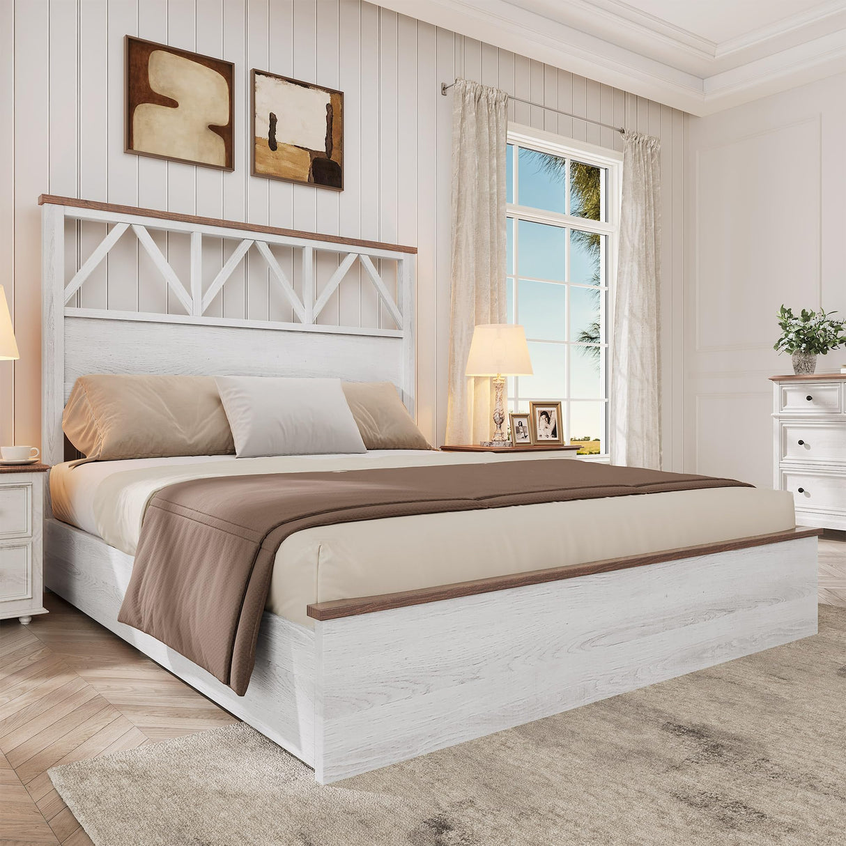 YITAHOME Farmhouse Full Size Bed Frame with 47.2'' Headboard, Platform Rustic Wood Bed Frame with Slats, Sturdy and Noiseless, No Spring Needed, White YITAHOME