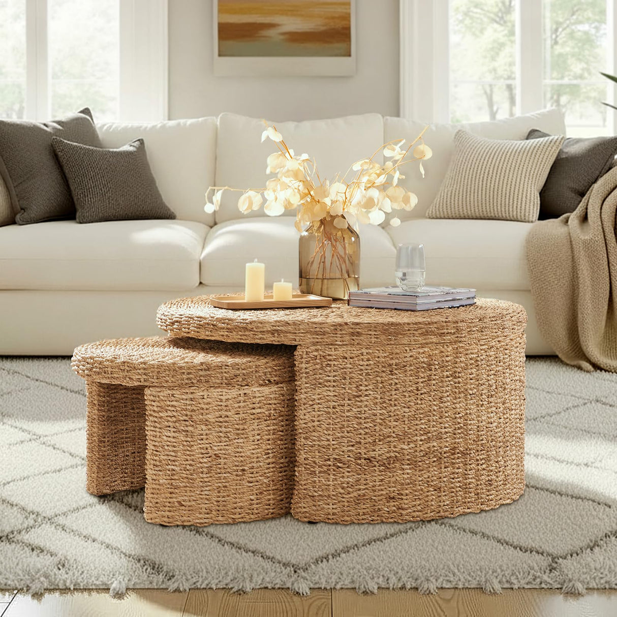 HULALA HOME Coastal Nesting Rattan Coffee Table, Large 39.75" and Small 24.5" Tables, Natural Water Hyacinth Bamboo Frame HULALA HOME
