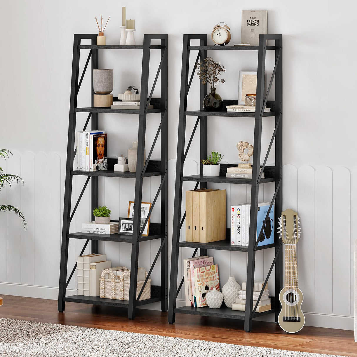 HOOBRO Ladder Shelf, 5-Tier Bookshelf, Corner Bookcase, Freestanding Storage Shelf Display Organizer, for Living Room, Bedroom, Home Office, Kitchen, Black BB305CJ01 HOOBRO