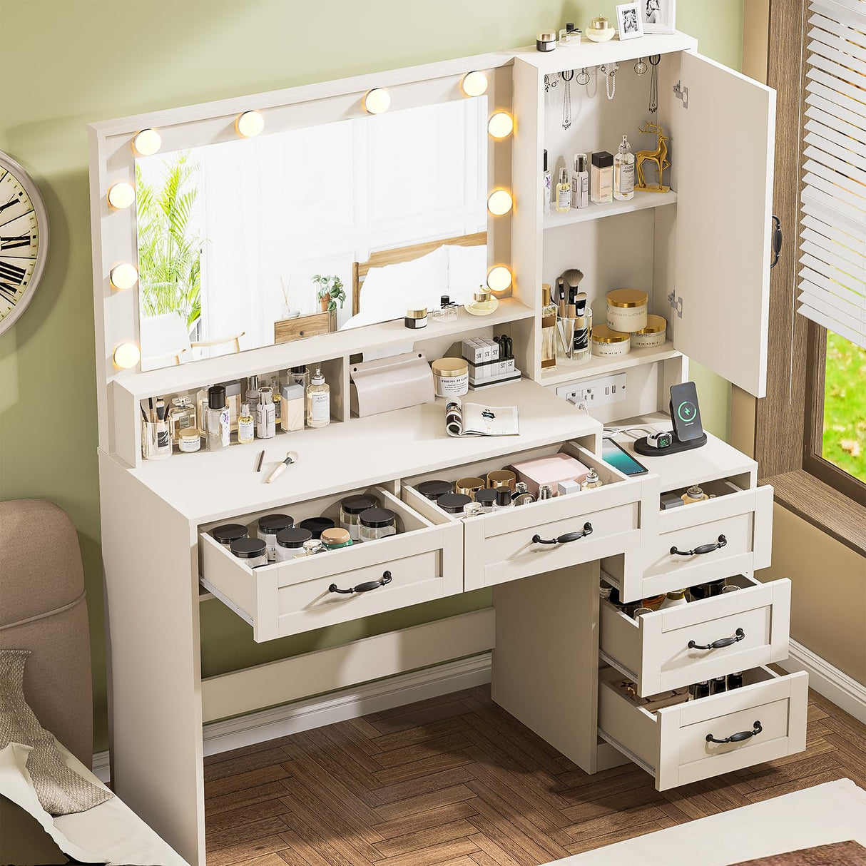 DINGIPP Farmhouse Vanity Desk with Mirror and 10 Led Lights, 45.3" Large Makeup Vanity Table with Power Outlet, 5 Drawers and 1 Cabinet, Vanity Set Dressing Table with 9 Hooks for Women Girls (White) DINGIPP