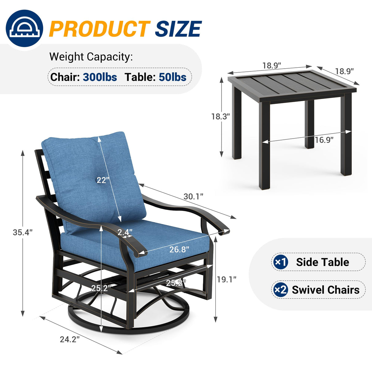 UDPATIO Outdoor Swivel Rocker Chairs, 3 Piece Metal Patio Rocking Chairs with Blue Padded Cushions Patio Bistro Furniture Set with Side Table for Porch Balcony Backyard, Blue UDPATIO