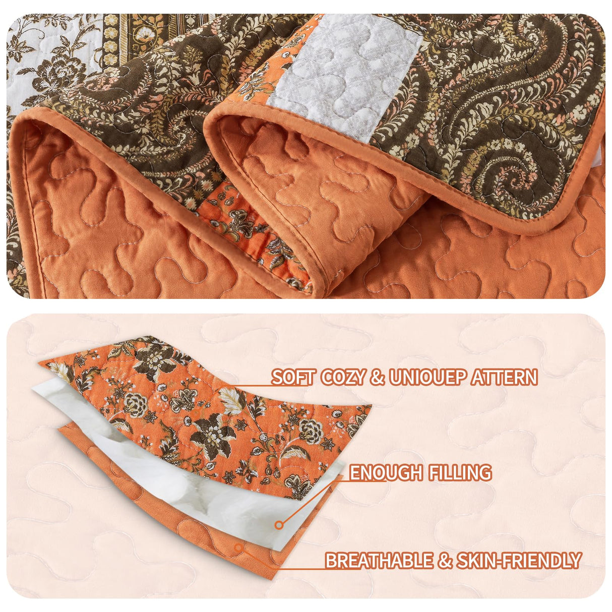 BEDIFANY Farmhouse Cotton Quilts Queen Size for Fall - Lightweight Patchwork Autumn Bedspread Set for Bed Coverlet - Highly-Woven Soft Reversible Bed Spread for All Seasons (Floral Orange) 3 Pieces BEDIFANY