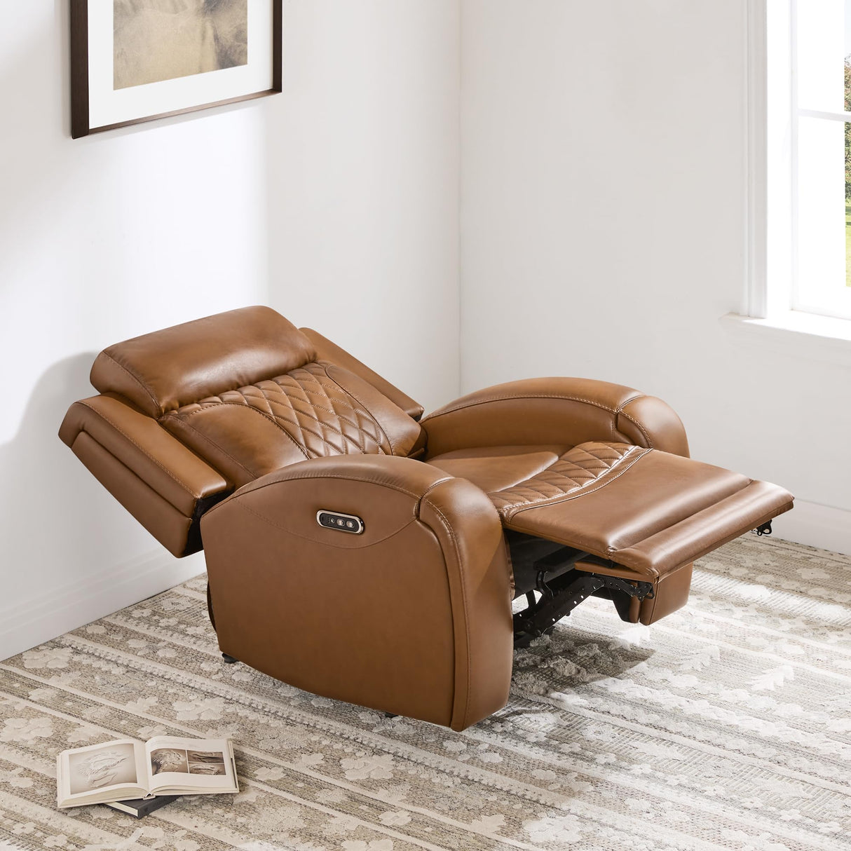 CHITA Genuine Leather Recliner Chair for Adults with Adjustable Power Headrest, Lay Flat Power Recliner with Slide-Out Cupholders & USB/Type-C Ports, Living Room Chair, Saddle CHITA