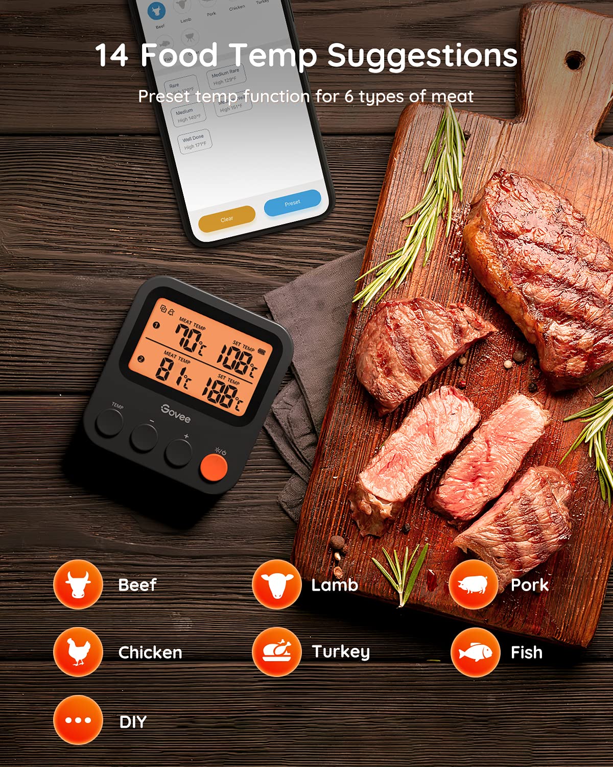 Govee Bluetooth Meat Thermometer, 230ft Range Wireless Grill Thermometer Remote Monitor with Temperature Probe Digital Grilling Thermometer with Smart Alerts for Smoker Cooking BBQ Kitchen Oven Govee