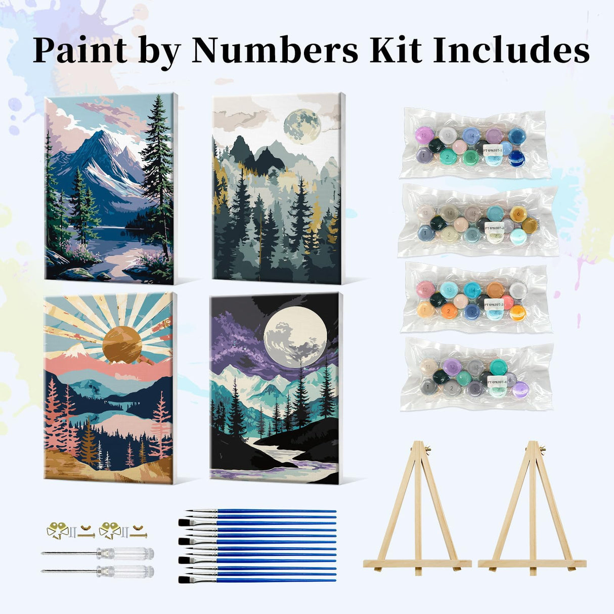 JOOZ 4 Pack Framed Paint by Numbers Kit for Adults, Mountain Sunset Paint by Number with Easel, DIY Moon Lake Adult Paint by Number Kits on Canvas, Landscape Oil Painting Kit for Home Decor 8x12 Inch JOOZ