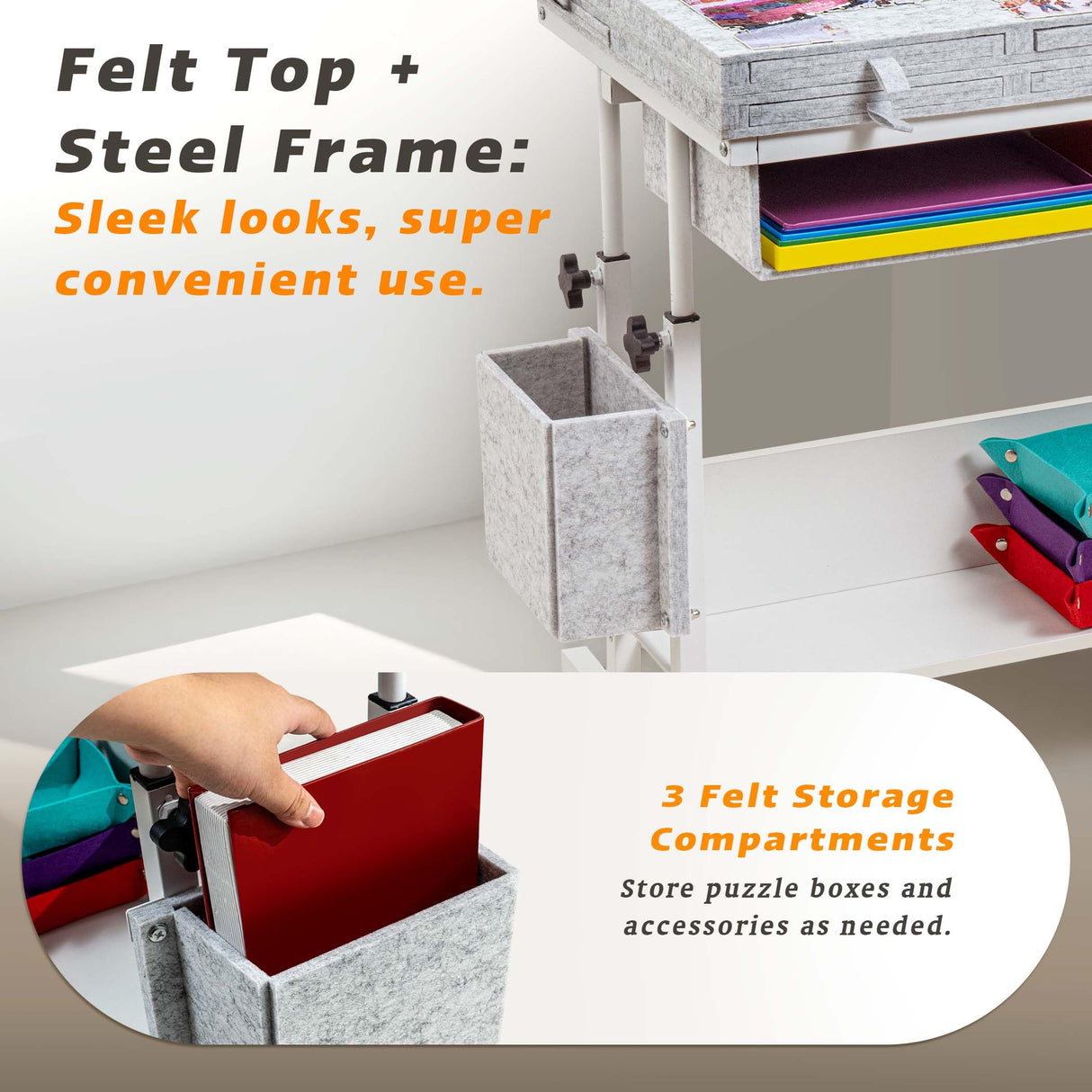 Tektalk 2000 Piece Foldable Felt Jigsaw Puzzle Table with Height Adjustment, Puzzle Board for Adults with 2 Cover & 8 Sorting Trays/Drawers, Easel with Legs, Enclosed with 4 Roller Wheels - Light Gray Tektalk