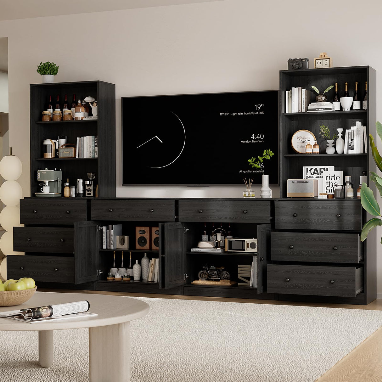 TUSY 4-Piece Large TV Stand with Bookshelves for TVs up to 75", TV Entertainment Center Media Center with Tempered Glass Doors and Shelves, TV Hutch for Living Room White (Black) TUSY