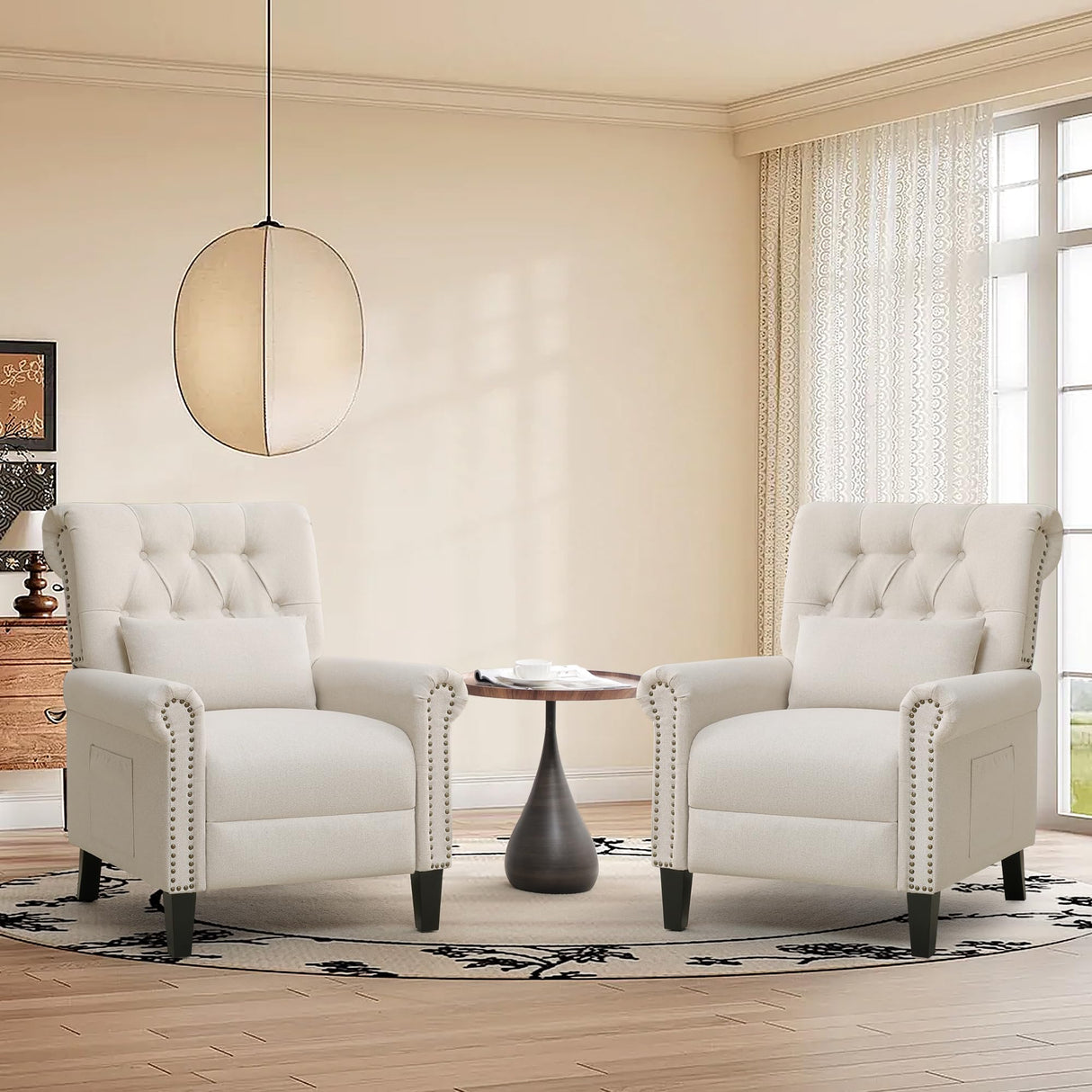 choairy Pushback Recliner Chair, Accent Push Back Chair Set of 2 with Adjustable Footrest Wingback, Upholstered Linen Reclining Sofa with Side Pocket, Comfy Modern Armchair for Living Room, Khaki choairy