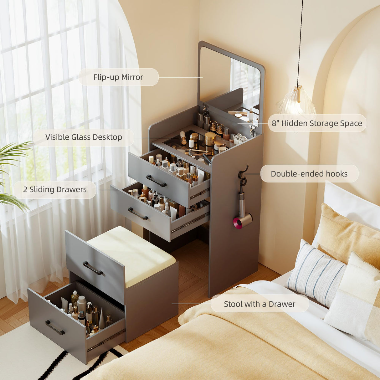 Gurexl 3 in 1 Vanity Desk with Flip Top Mirror,Small Make Up Vanity Set with Visible Glass Desktop,Cushioned Tool,Dressing Table for Bedroom,Compact Makeup Vanity with 3 Drawers,Grey Gurexl