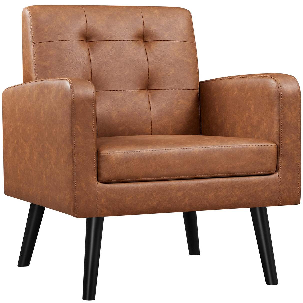 Yaheetech Mid-Century Accent Chairs, PU Leather Modern Upholstered Living Room Chair, Cozy Armchair Button Tufted Back and Wood Legs for Bedroom/Office/Cafe, Retro Brown Yaheetech