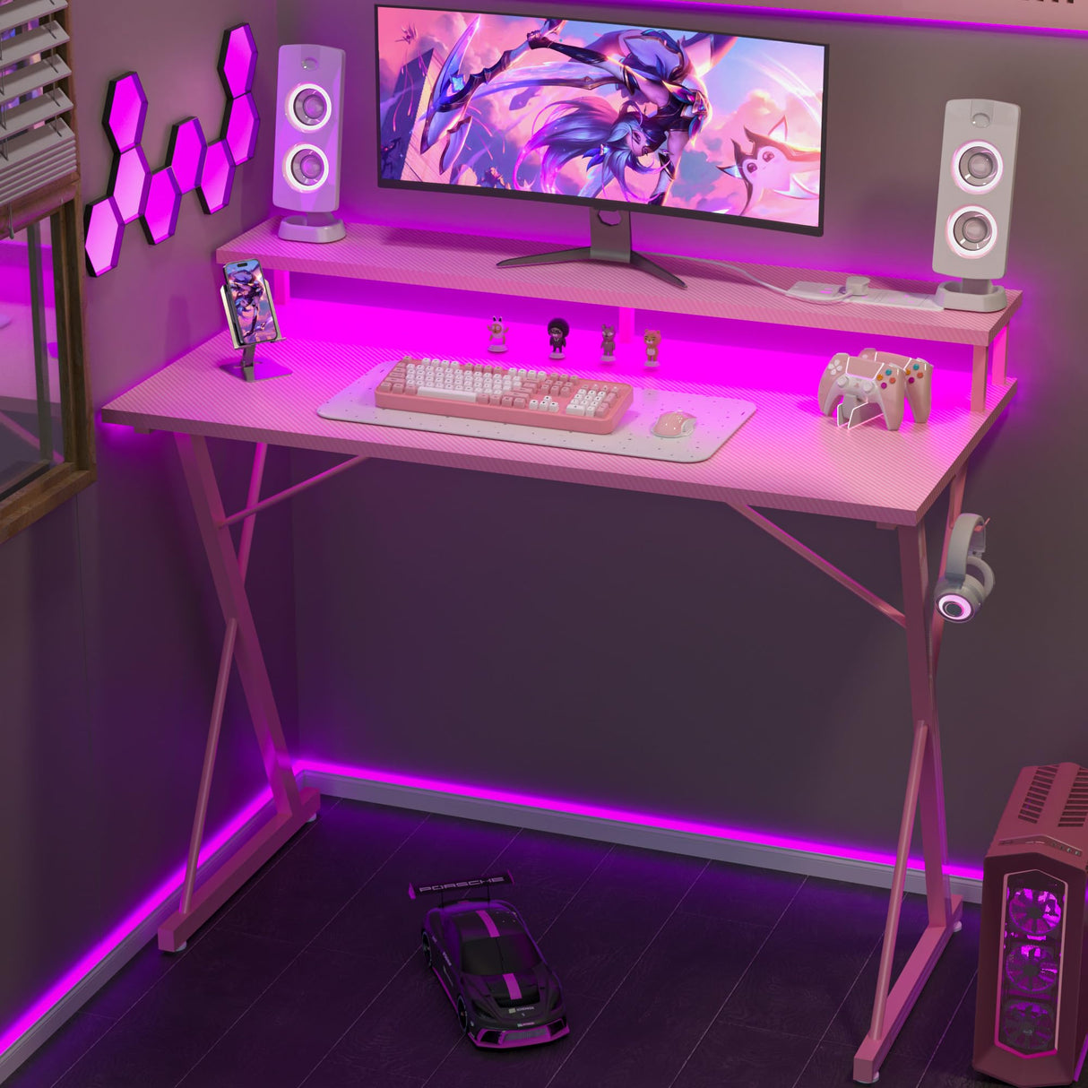 TIQLAB Gaming Desk with Power Outlets & LED 40 Inch Ergonomic Computer Carbon Fiber Surface Gamer Desk, Large Monitor Stand, Headphone Hook, PC Workstation for Bedroom, Pink Desk TIQLAB