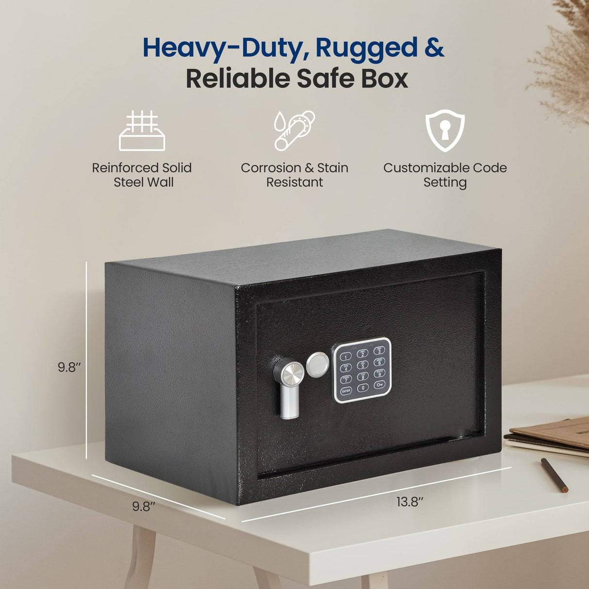 SereneLife Electronic Safe Box | Heavy-Duty 13.8’’ x 9.8’’ Small Lockbox | Digital Keypad Code & 2 Key Override | Compact Money Safe for Cash, Jewelry, Valuables | Wall & Floor Mountable Storage SereneLife