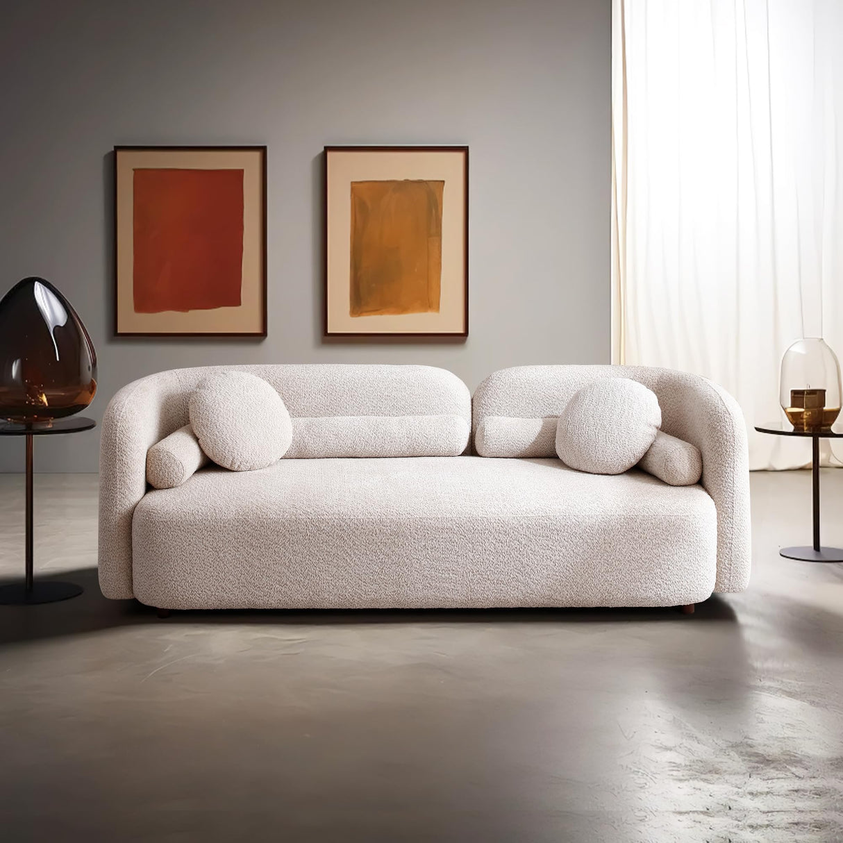 Yoglad 88.58‘’ 3-Seat Modern Curved Boucle Sofa, Cozy Thick Upholstered Teddy Loveseat, Half Moon Aesthetic Design Sherpa Couch for Small Living Room Bedroom Apartment Studio (Light Beige) Yoglad