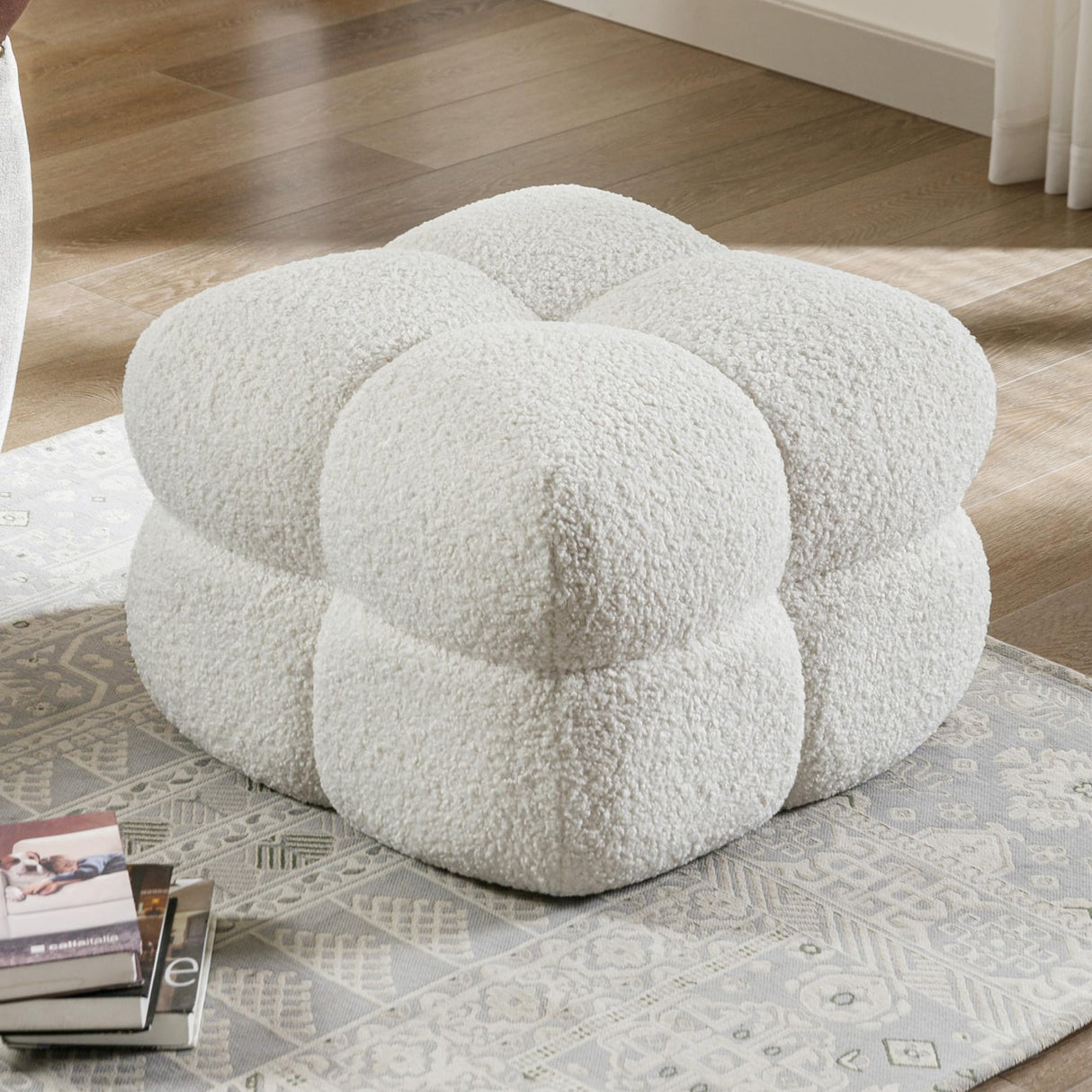 Zesthouse Square Pouf Ottoman, Modern Ottoman Coffee Table for Living Room, Fuzzy Sherpa Ottoman Foot Rest, Upholstered Tufted Ottoman Stool for Couch, White Zesthouse
