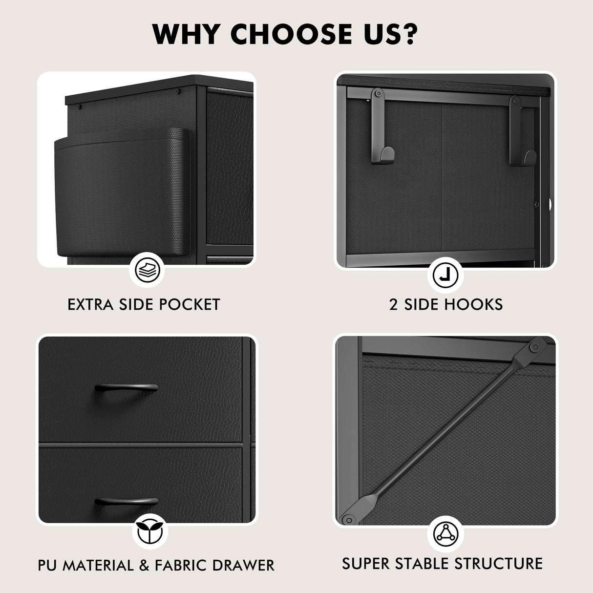 Lulive Dresser for Bedroom with 10 Drawers, Chest of Drawers with Side Pockets and Hooks, PU Storage Dresser, Organizer Unit for Living Room, Hallway, Closet (Black) Lulive