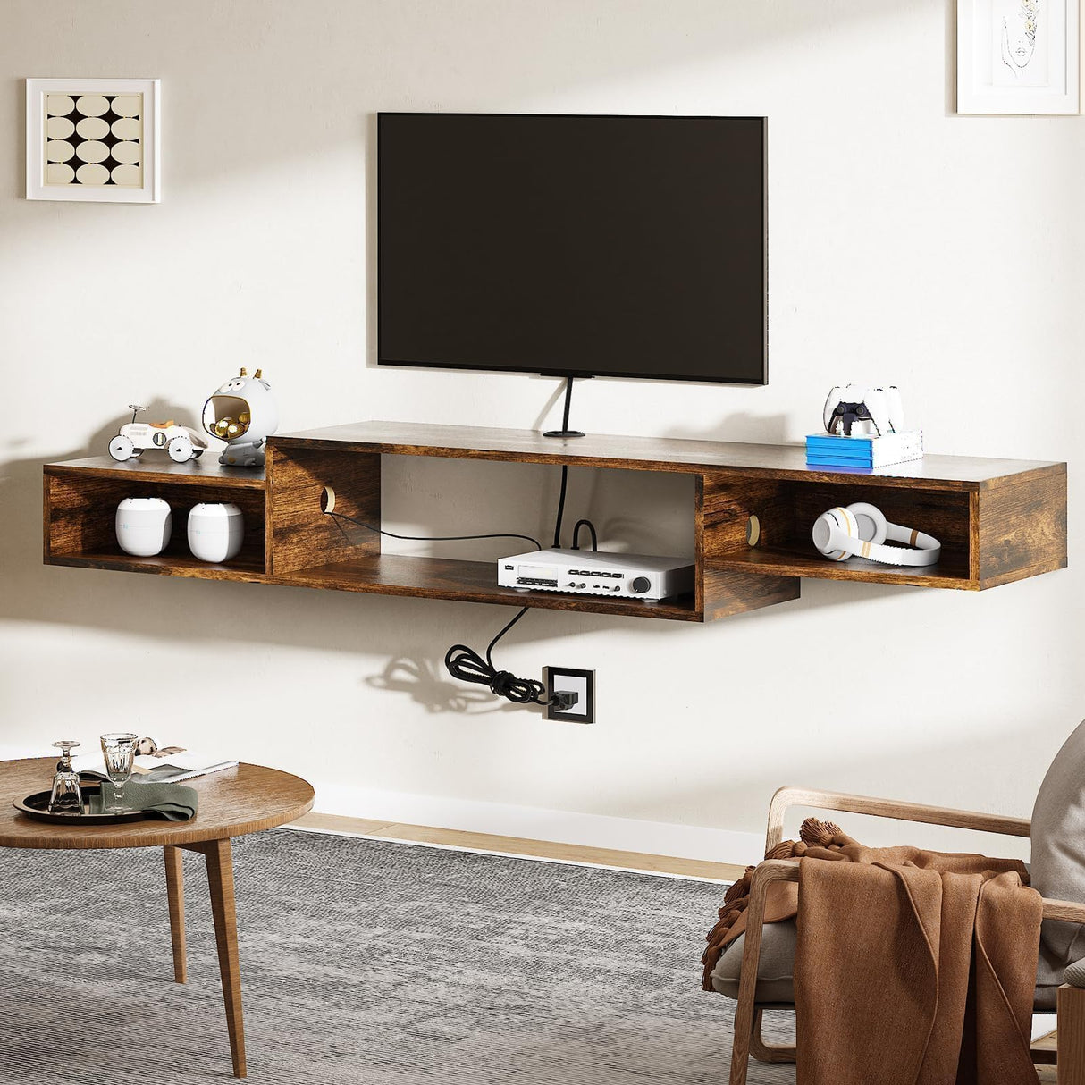 4 EVER WINNER Floating TV Shelf with LED Lights and Power Outlet, 59" TV Stand for Cable Box Audio Video, Floating Entertainment Center for Living Room, Bedroom, Rustic Brown 4 EVER WINNER