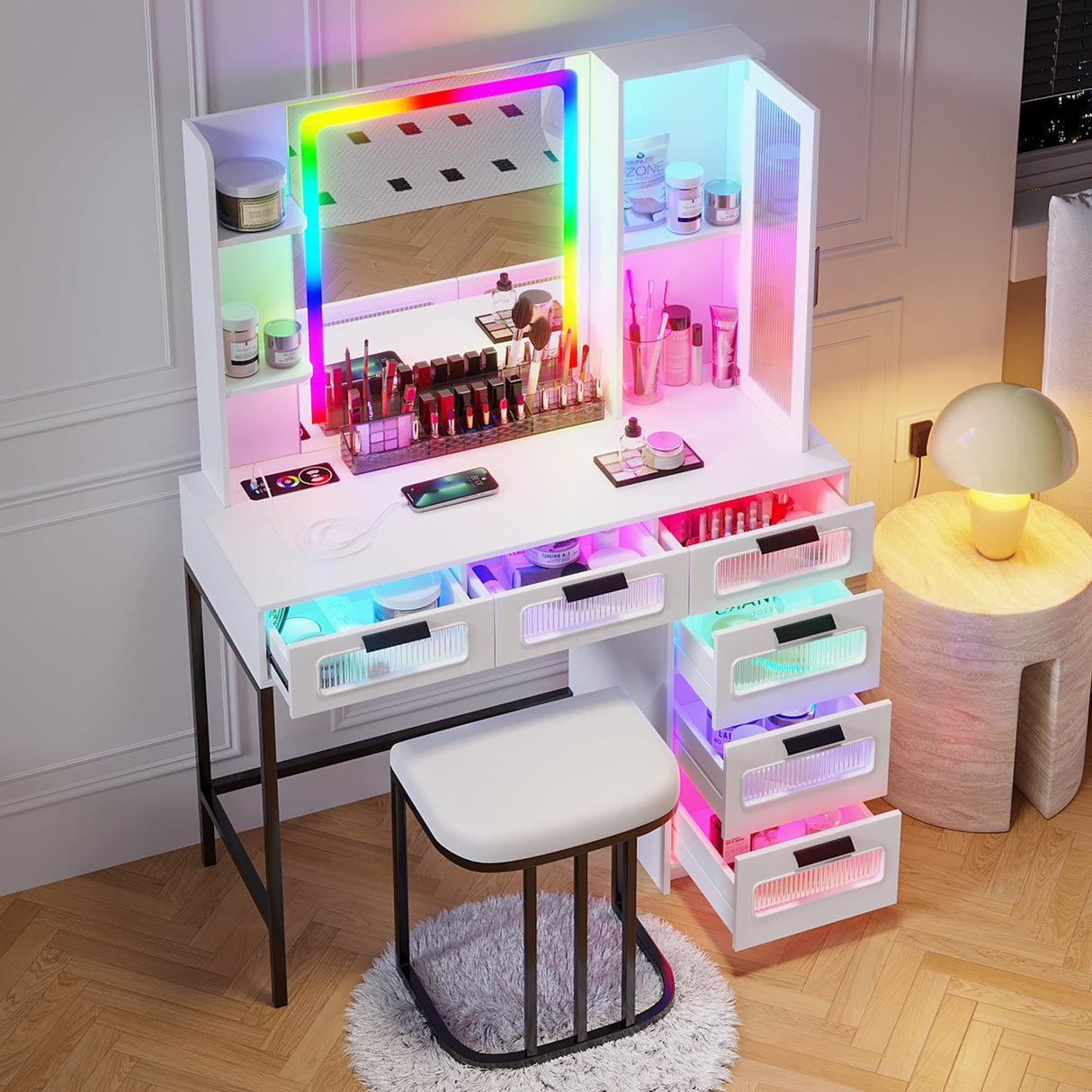 HNEBC RGB Vanity Desk with Mirror and Lights, LED Vanity Makeup Desk with USB/Wireless Charger Station, Vanities Dressing Table Sets with 6 Drawers/Cabins/Stool/Shelves for Bedroom&Cloakroom(White) HNEBC