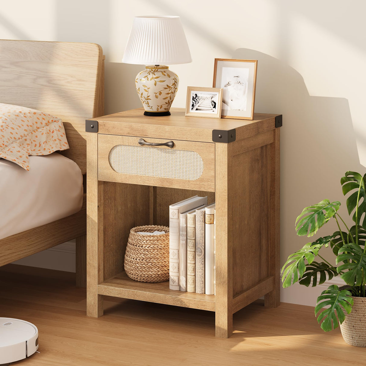 GarveeHome Rattan Night Stands Set of 2, Farmhouse Bedside Table, Night Stand with Drawer and Open Shelf, Boho End Table for Living Room,Bedroom, Natural GarveeHome