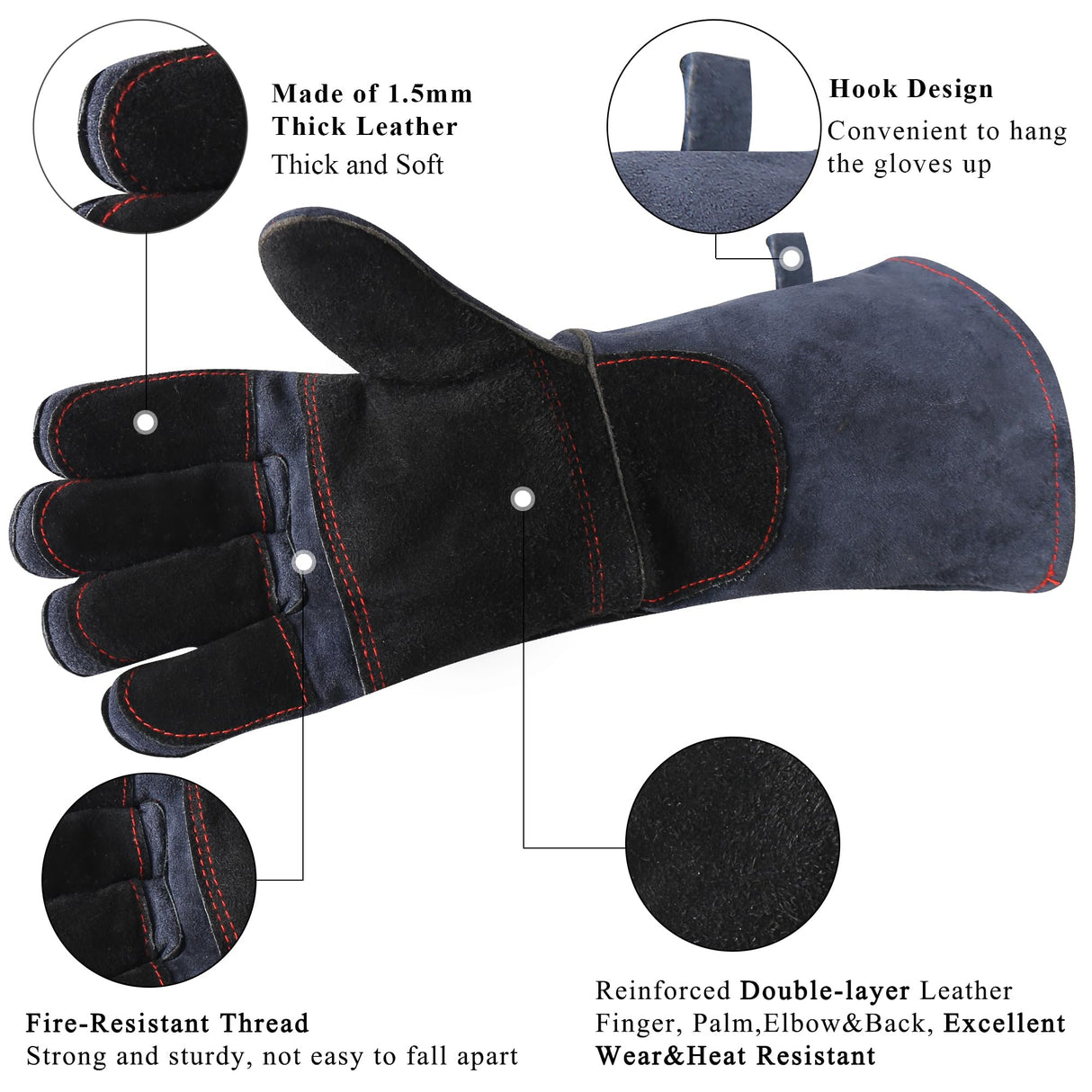RAPICCA Fireplace Gloves Fire Heat Resistant: Dark-Grey 16IN 932℉ - Fireproof Leather for Fireplace Fire Pit Wood Stove Campfire Furnace BBQ Grill Stick Mig Welding Welder Gear - One Size RAPICCA