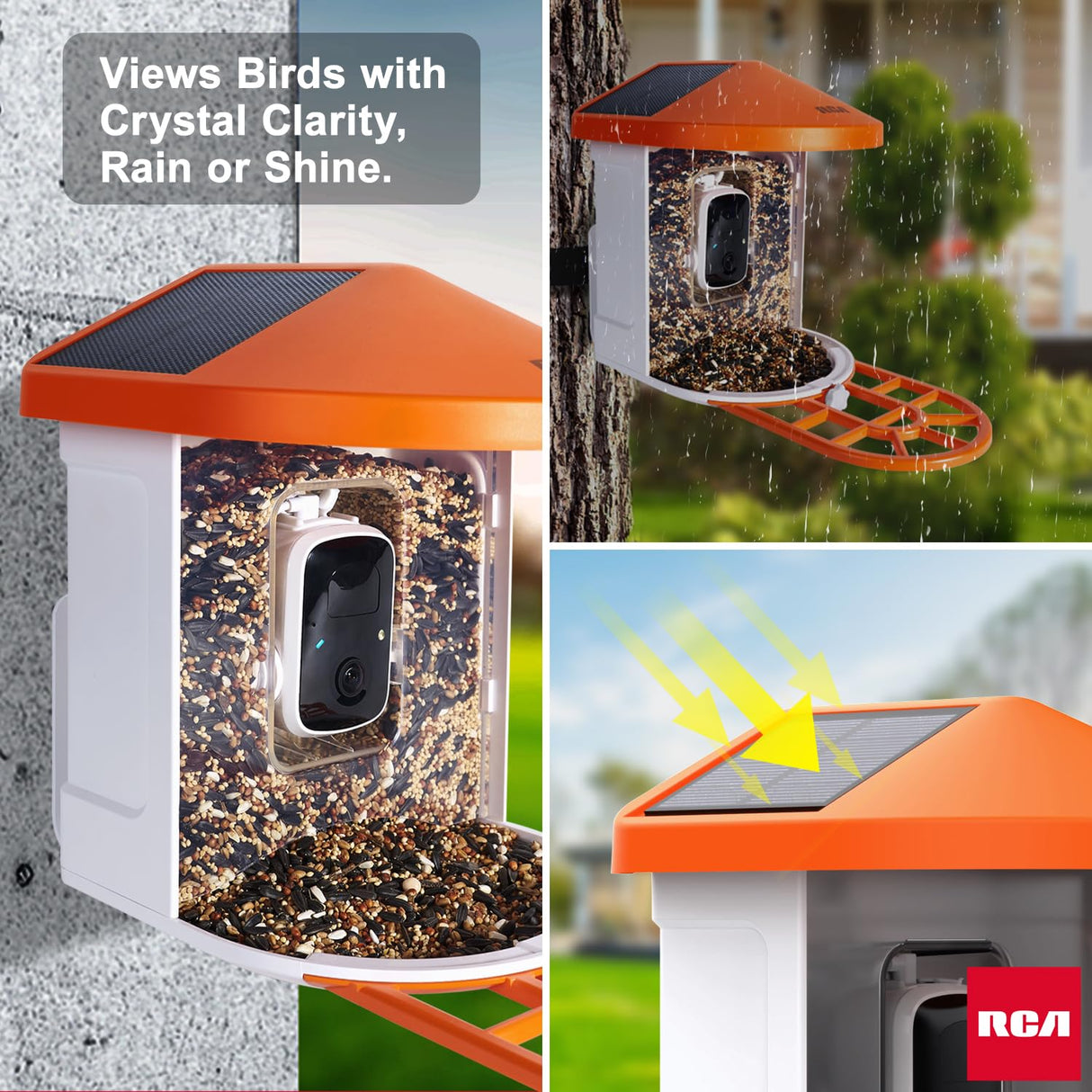 RCA Smart Bird Feeder with HD Camera – AI Bird Recognition Technology, Infrared Night Vision, Solar Powered, Two-Way Audio, Waterproof/Dustproof, WiFi-Enabled, Cloud Storage, App-Control RCA