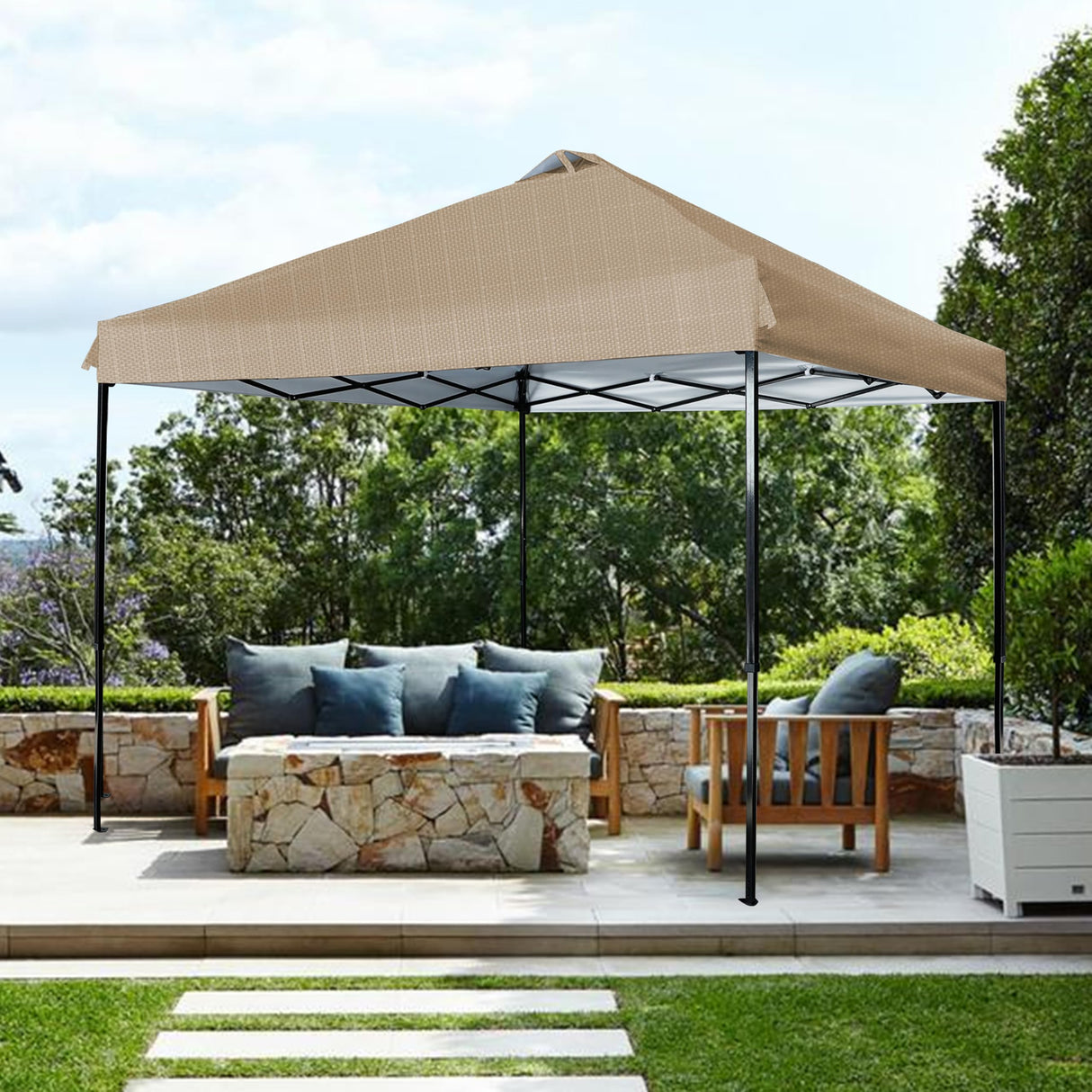 JANCANOPY 10x10 Canopy Replacement Top with Air Vent Silver Coated for Straight Leg Canopy Frame, (Beige Ripstop) JANCANOPY