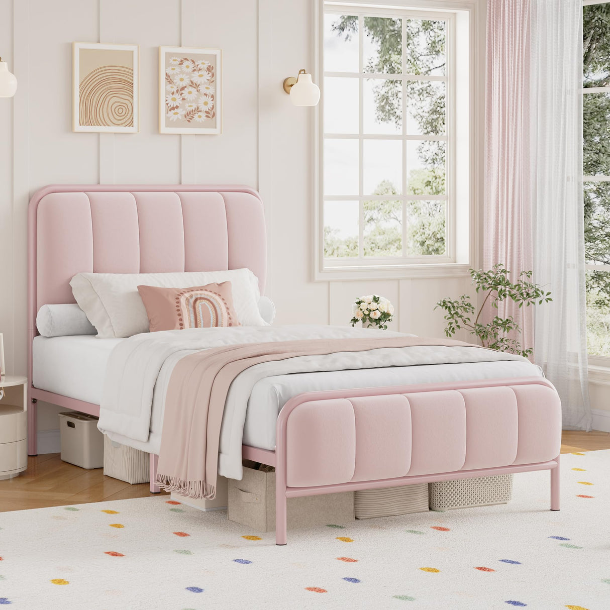 HITHOS Twin Size Bed Frame, Upholstered Pink Bed Frame with Button Tufted Headboard, Heavy Duty Metal Mattress Foundation with Wooden Slats, Easy Assembly, No Box Spring Needed (Pink, Twin) HITHOS
