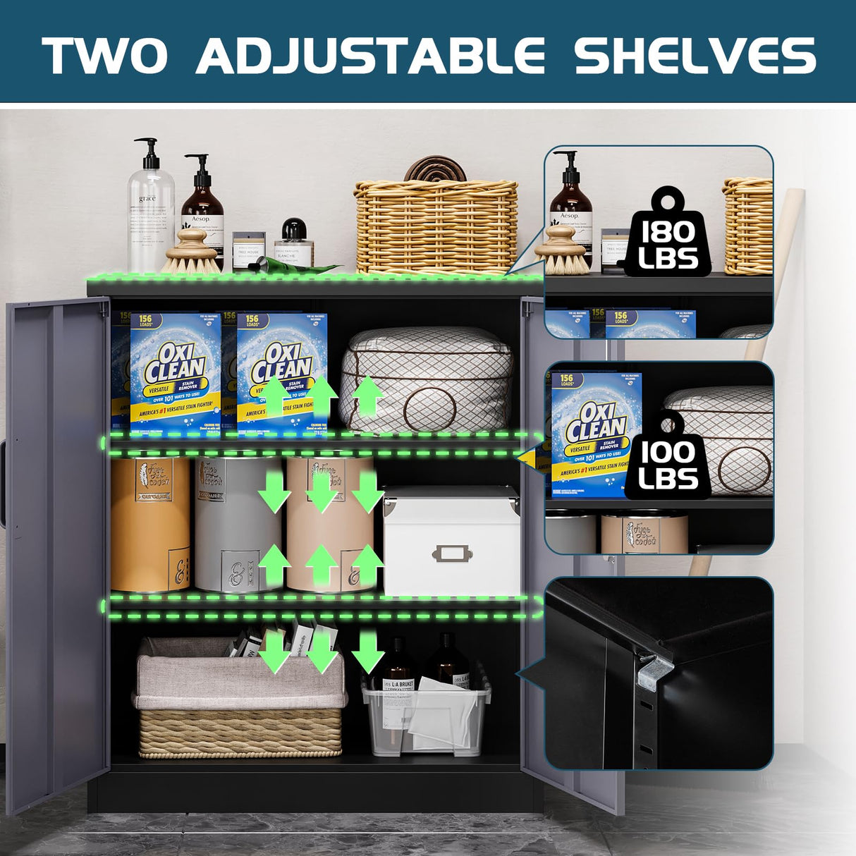 MIIIKO Metal Storage Cabinet, Base Cabinets 2 Door, Steel Storage Cabinets with Locking Doors and Shelves for Garage, Kithen, Home Office and Classroom MIIIKO