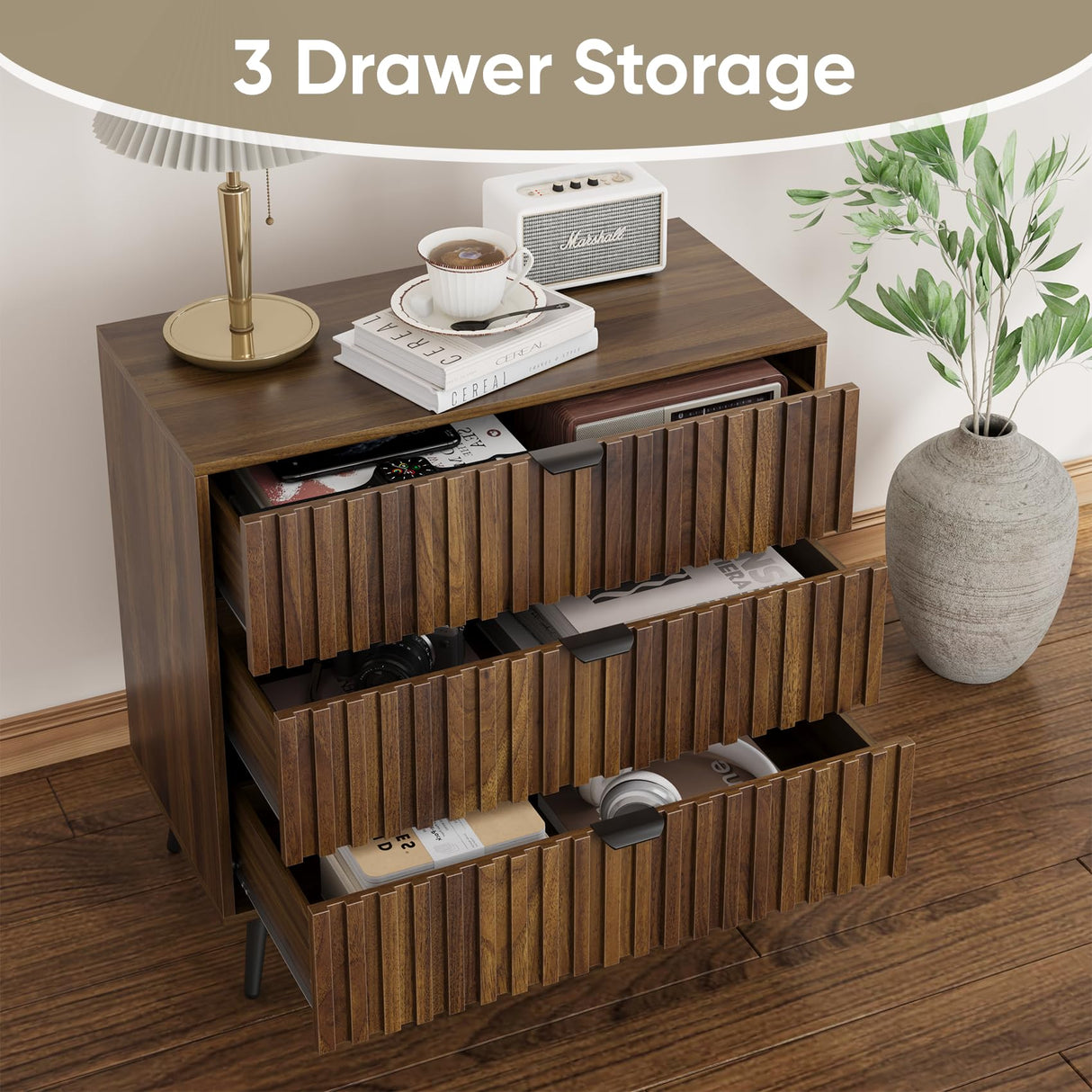 Smart FENDEE Fluted 3 Drawers Dresser, 31.5“ W Mid- Century Modern Wooden Chest of Drawers, Large Night Stand Organizer for Bedroom, Closet, Hallway, Entryway, Walnut Smart FENDEE