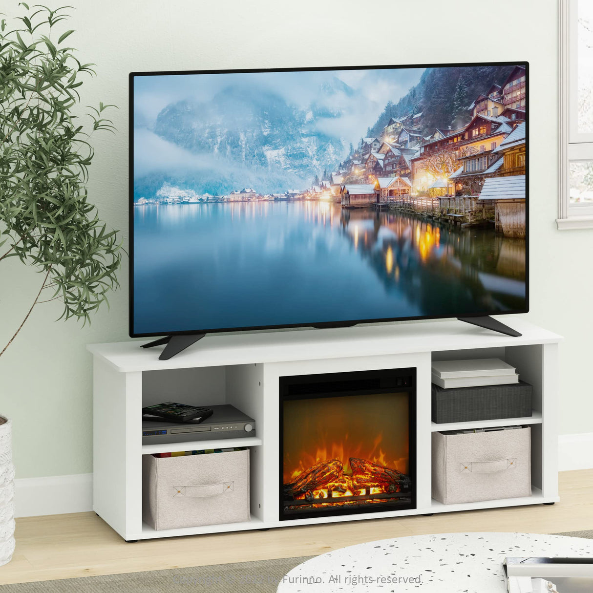 Furinno Classic 60 Inch TV Stand with Fireplace, Solid White Furinno