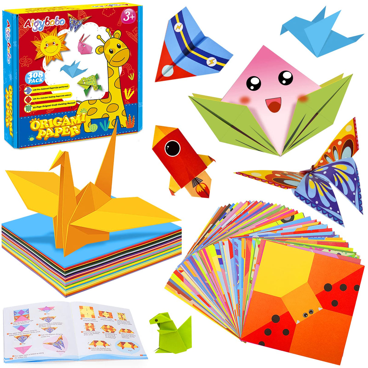 Aigybobo Origami Paper Set, 308PCS Kids Craft Paper Kit with Instructional Book for Girls Age 6,7,8,9,10,11,12, Art Projects Supplies for School Class Craft Lessons- Christmas Gifts for Boys&Girls Aigybobo