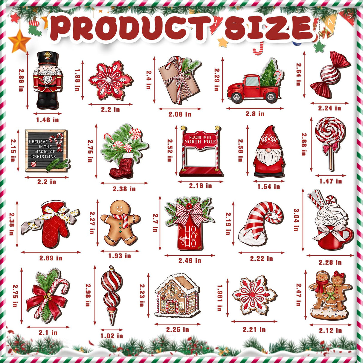 Huwena 40 Pcs Christmas Wooden Ornaments Red Christmas Decorations for Xmas Tree Wreaths Gingerbread Gnome Hanging Ornaments Nutcracker Peppermint Candy Wood Cutouts Christmas Decor for Home Huwena