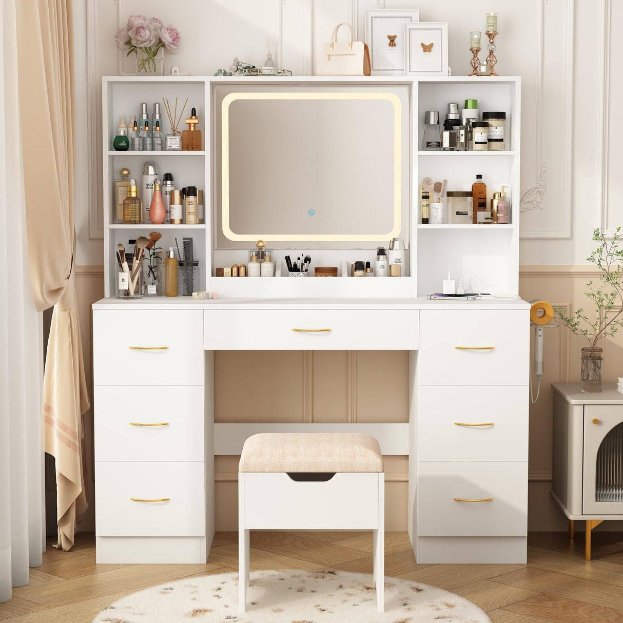 jiteentarou 47" Large Vanity Desk with Mirror and Lights, LED White Vanity Set with Stool and Power Outlet, Lighted Make up Vanity Desk with Drawers and 3 Lighting Modes for Women, Girls(White) jiteentarou