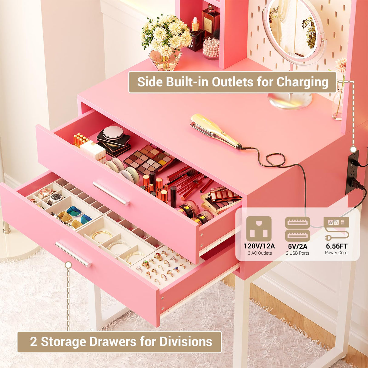 Besiost Small Vanity Desk with Hutch and Drawers, Pink Makeup Vanity Desk with Charging Station, Vanity Table Dressing Table with LED Lights, Vanity Desk No Mirror with Pegboard for Girls Women, 24" Besiost