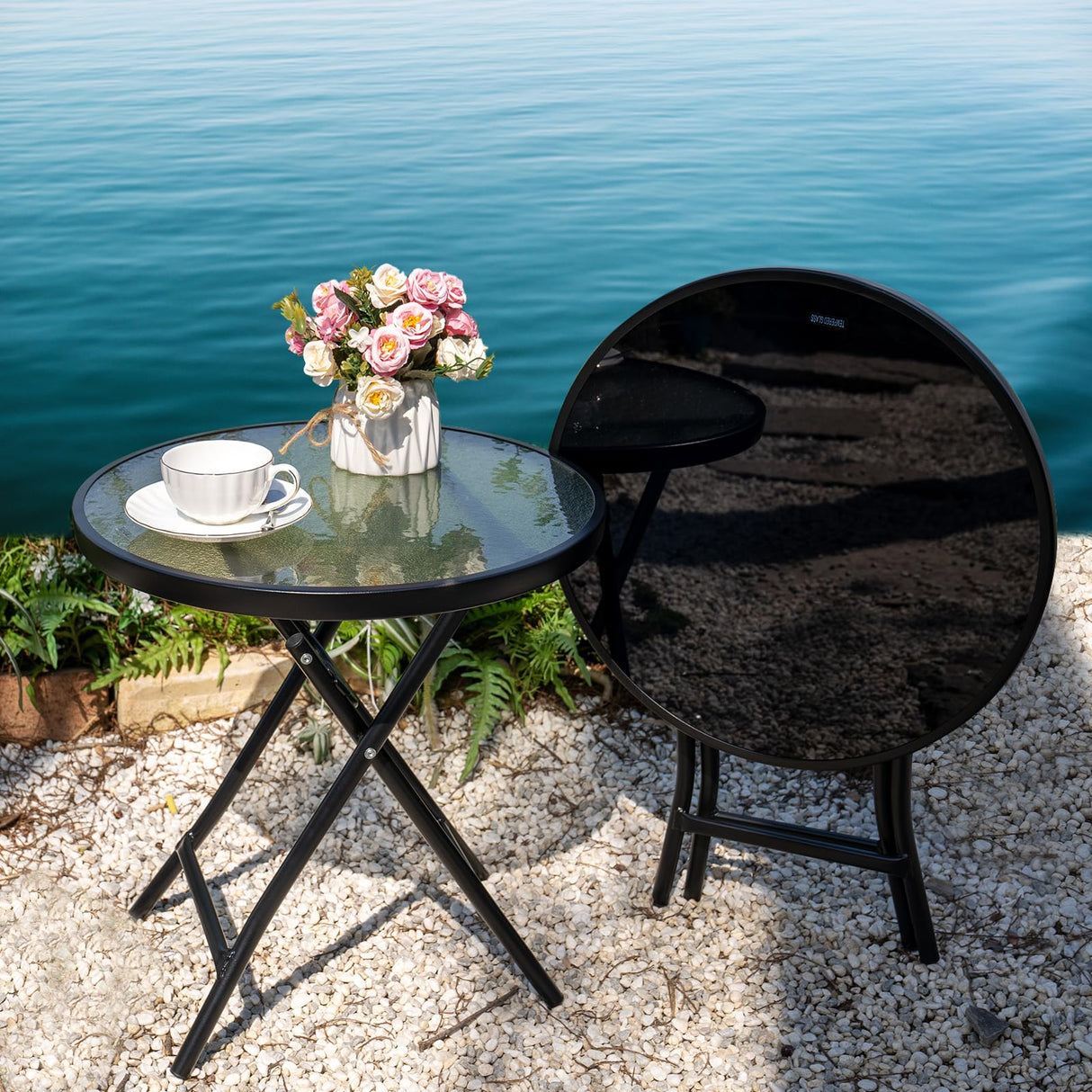 Garsing Outdoor Patio Round Side Table, Folding Bistro Table with Tempered Glass Tabletop, Compact Small Foldable Coffee Desk for Outside Use, Black Garsing Outdoor Leisure