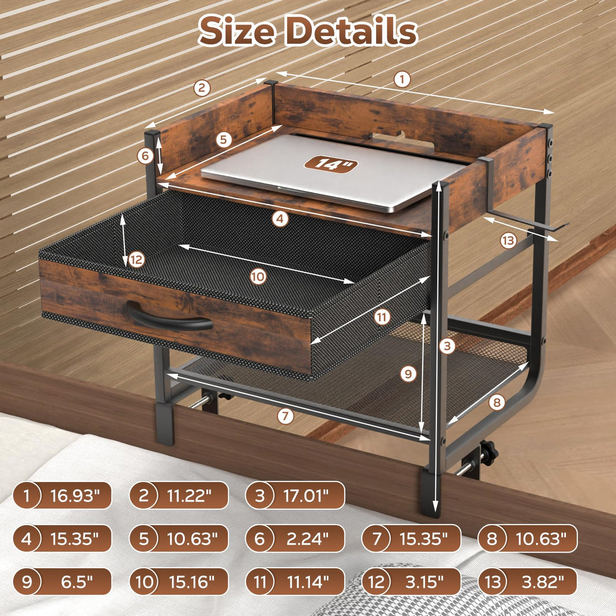 Housolution 2 Tier Bedside Shelf for Top Bunk & Loft Beds, Bunk Bed Shelf with Fabric Drawer, Tablet Slot,Clip on Nightstand for College Dorm Rooms, Small Apartments, Bedrooms with Limited Space Housolution