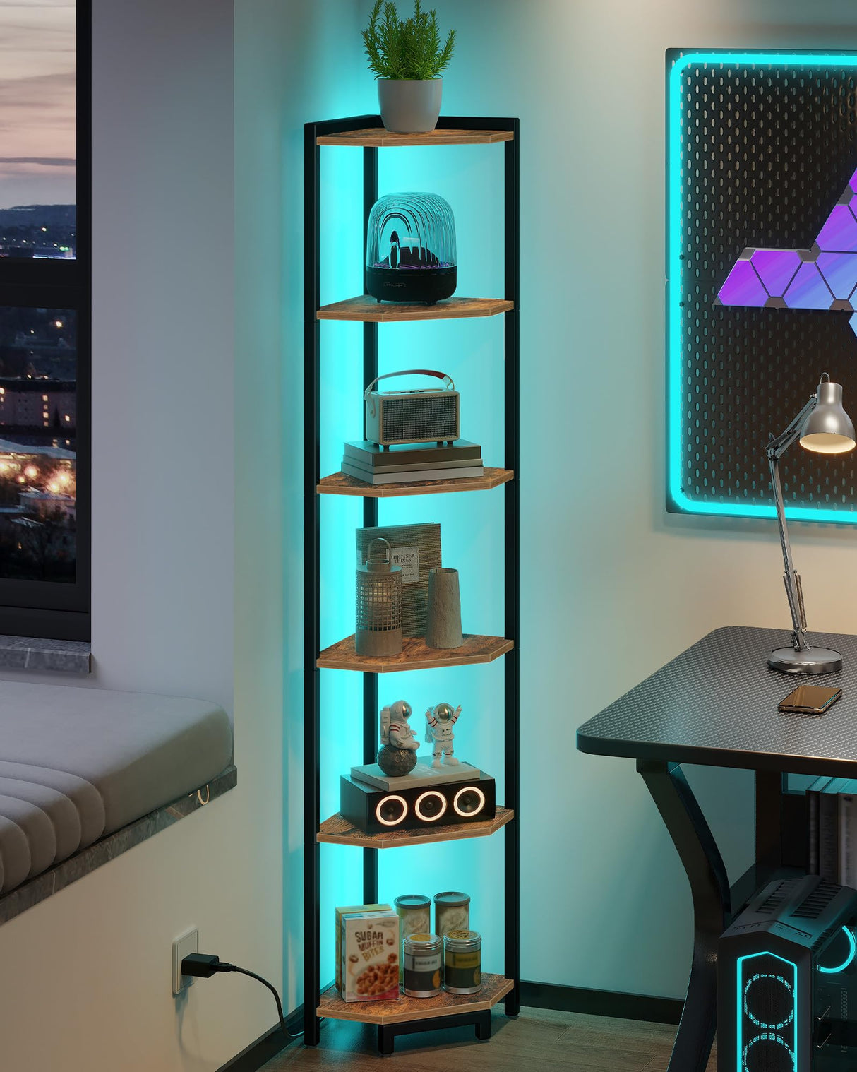 Hzuaneri Corner Shelf with LED Light, 6-Tier Corner Bookshelf, Tall Narrow Display Bookcase with Metal Frame, Standing Shelf for Small Space, Living Room, Home Office, Bedroom, Rustic Brown CS66601B Hzuaneri