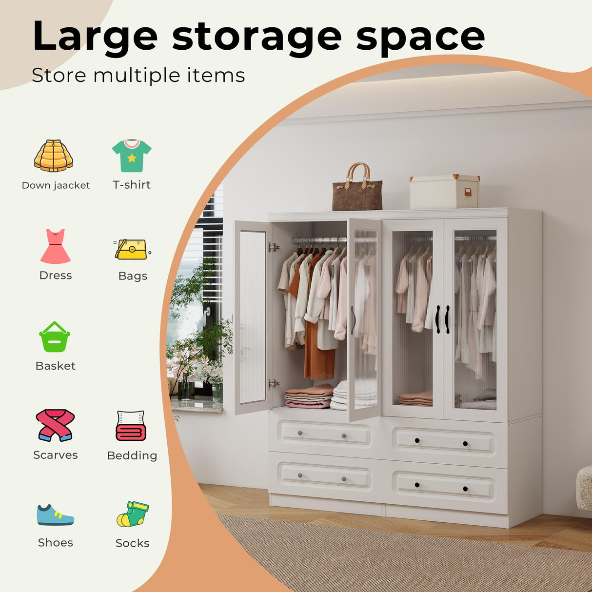 GraceGrove Armoire Wardrobe Closet with 4 Glass Doors and 4 Drawers, Closet Cabinet with and Hanging Rods and Storage, Wood Wardrobe for Bedroom, Tall Armoires and Wardrobes White GraceGrove