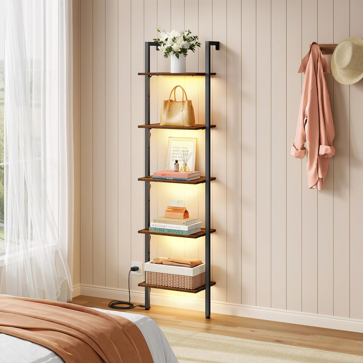 Tajsoon 5-Tier Ladder Shelf with LED Light, Wall Mounted Ladder Bookshelf with Metal Frame, Wall Ladder Bookshelf for Living Room, Bedroom, Office, Rustic Brown Tajsoon