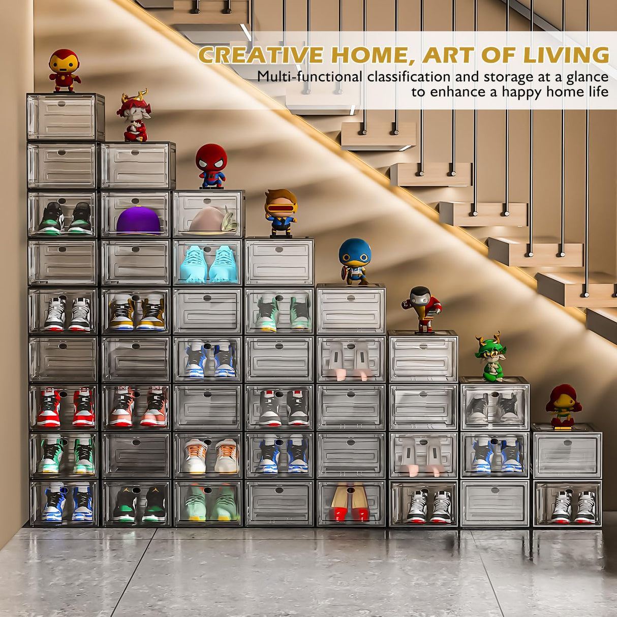 7 code Thicken & Sturdy Clear Shoe Storage Organizer with Magnetic Door, Stackable Boxes for Closet, Foldable Shoe Rack for Sneaker Boot Container, Plastic Shoe Cabinet Shoe Box 6 Pack, Black 7 code