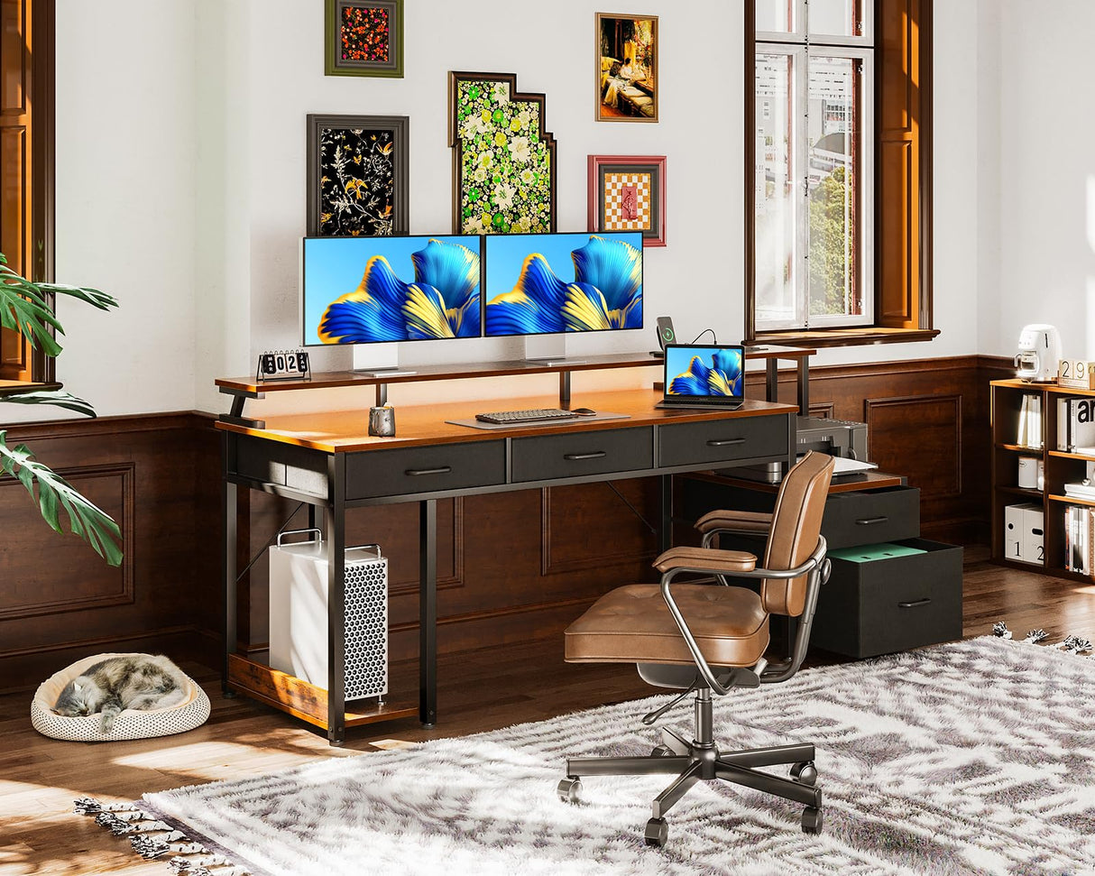 AODK 71 Inch Rustic Brown Office Desk with File Drawers, Power Outlet & LED Lighting AODK
