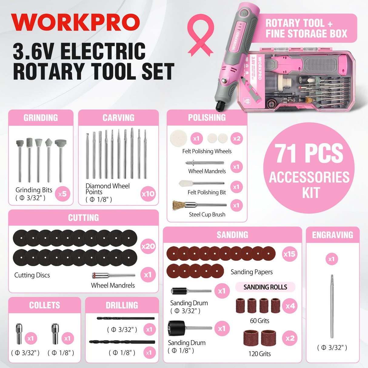 WORKPRO Cordless Rotary Tool Kit with 71pcs Accessories, 3 Variable Speeds, USB Rechargeable Mini Rotary Tool for Engraving, Sanding, Polishing, Carving, Cutting, DIY Crafts - Pink Ribbon WORKPRO