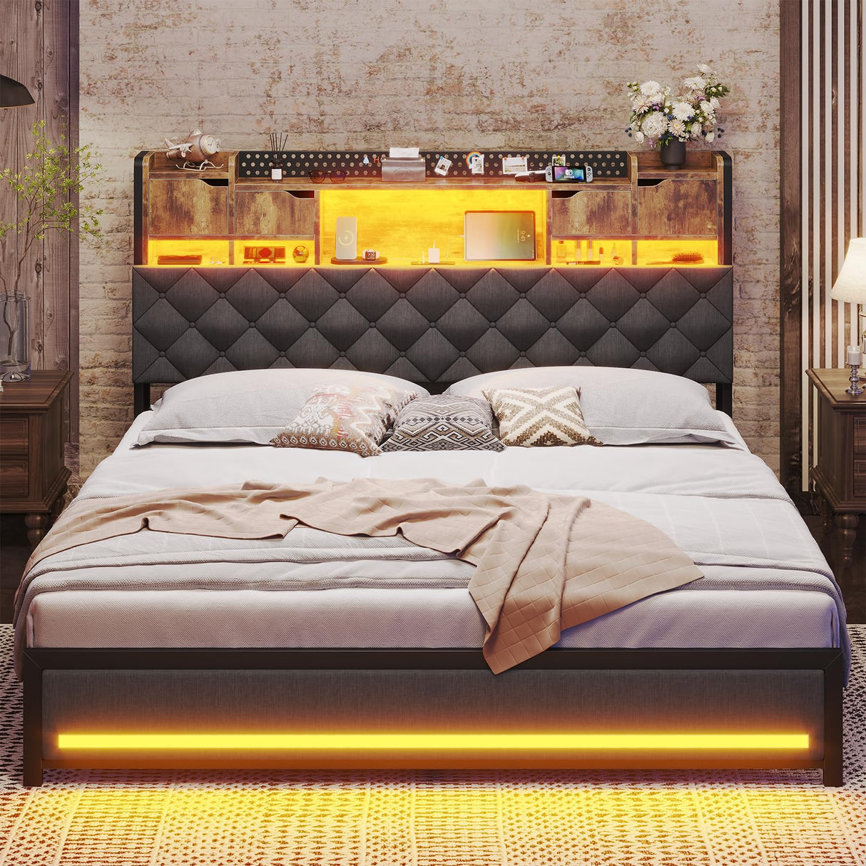 BYSAUD King Size Bed Frame with Headboard, Upholstered King Bed Frame with 3-Tier Storage Shelves & Hidden Space, King Platform Bed Frame with Charging Station & LED Lights, Heavy Metal Slat Support BYSAUD
