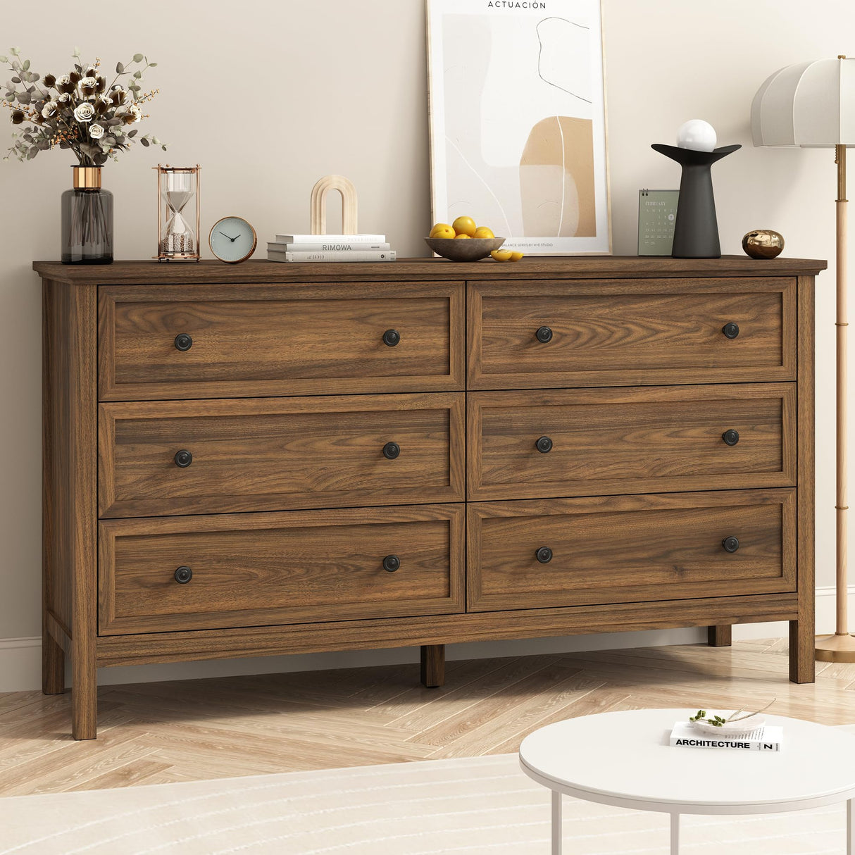 Walnut 6 Drawers Dresser for Bedroom, 55'' Wide Modern Wood Dresser with Black Handles, Large TV Stand Chest of Storage Drawers for Hallway, Living Room Tradare