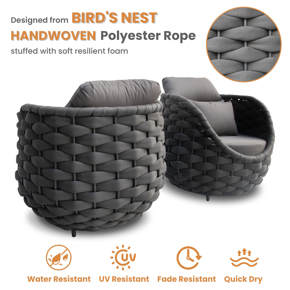 Erotr Aluminum Patio Furniture Set of 4: Woven Rope Outdoor Conversation Sofa Set Assembled - Modern Cushioned Armchair Couch Set for 660lbs Porch Deck Backyard Poolside Drawing Room Hotel, Dark Gray Erotr