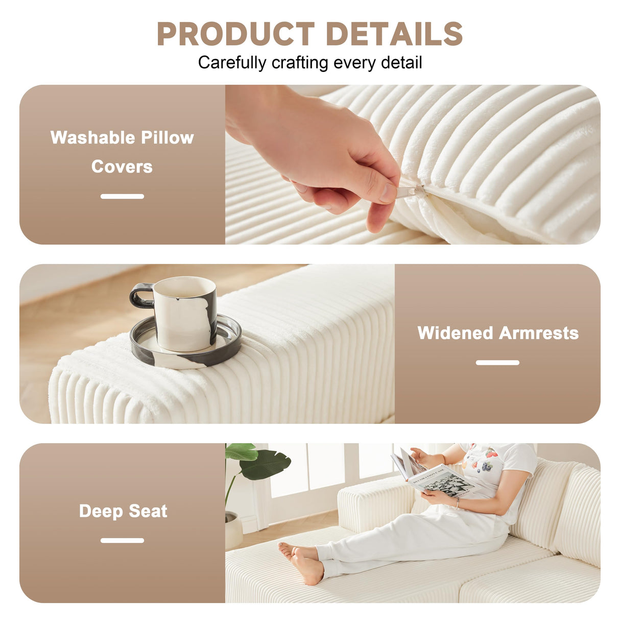 97" Boneless Couches for Living Room, Cloud Couch Sectional with Deep Seat, Comfy Couch with L-Shaped Chaise, Minimalist Upholstered Modular Sectional Sofa, No Assembly Required (Corduroy,Lvory) Huatean Home