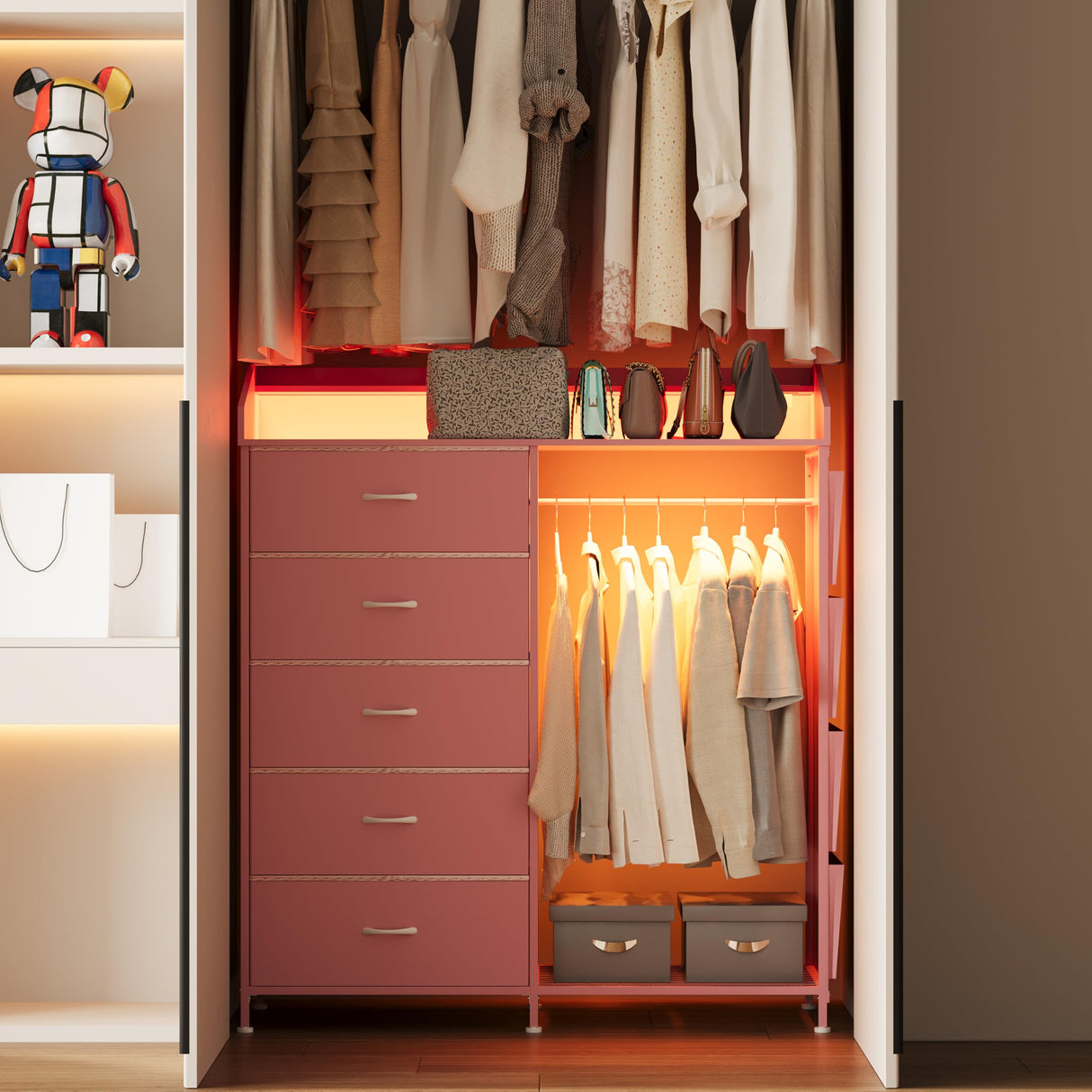 LUMTOK 2-in-1 Dresser with Hanging Racks,5 Fabric Drawers Dressers with LED Lights, Charging Station for Bedroom Living Room, Entryway, Closets (Pink) LUMTOK