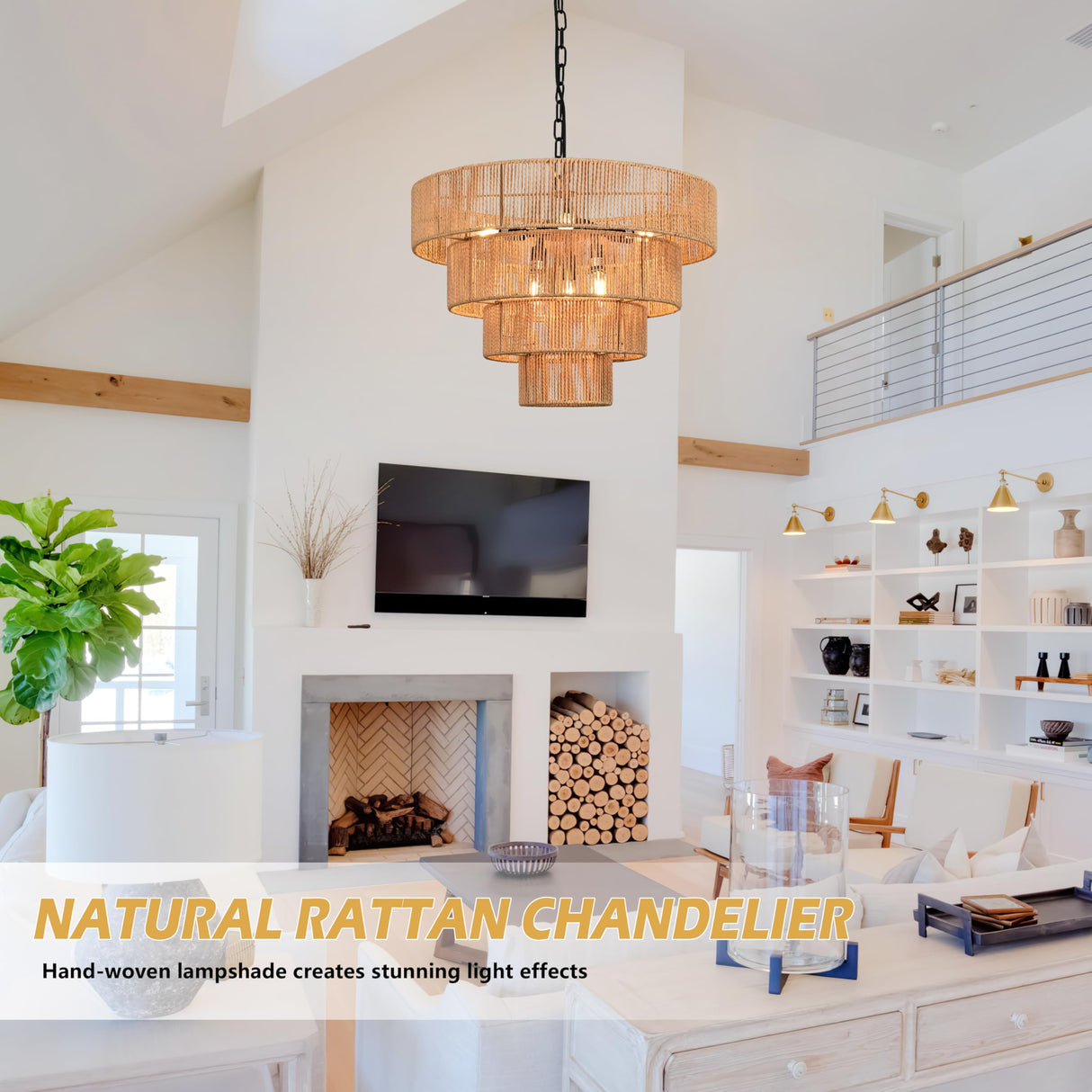 AyshwillDec 6-Light 24" Woven Boho Chandelier for Bedroom Rattan Light Fixture Wicker Pendant Light Large Rattan Pendant Light with 4-Tier Woven Shade Drum Light Fixture for Living Room Entryway AyshwillDec