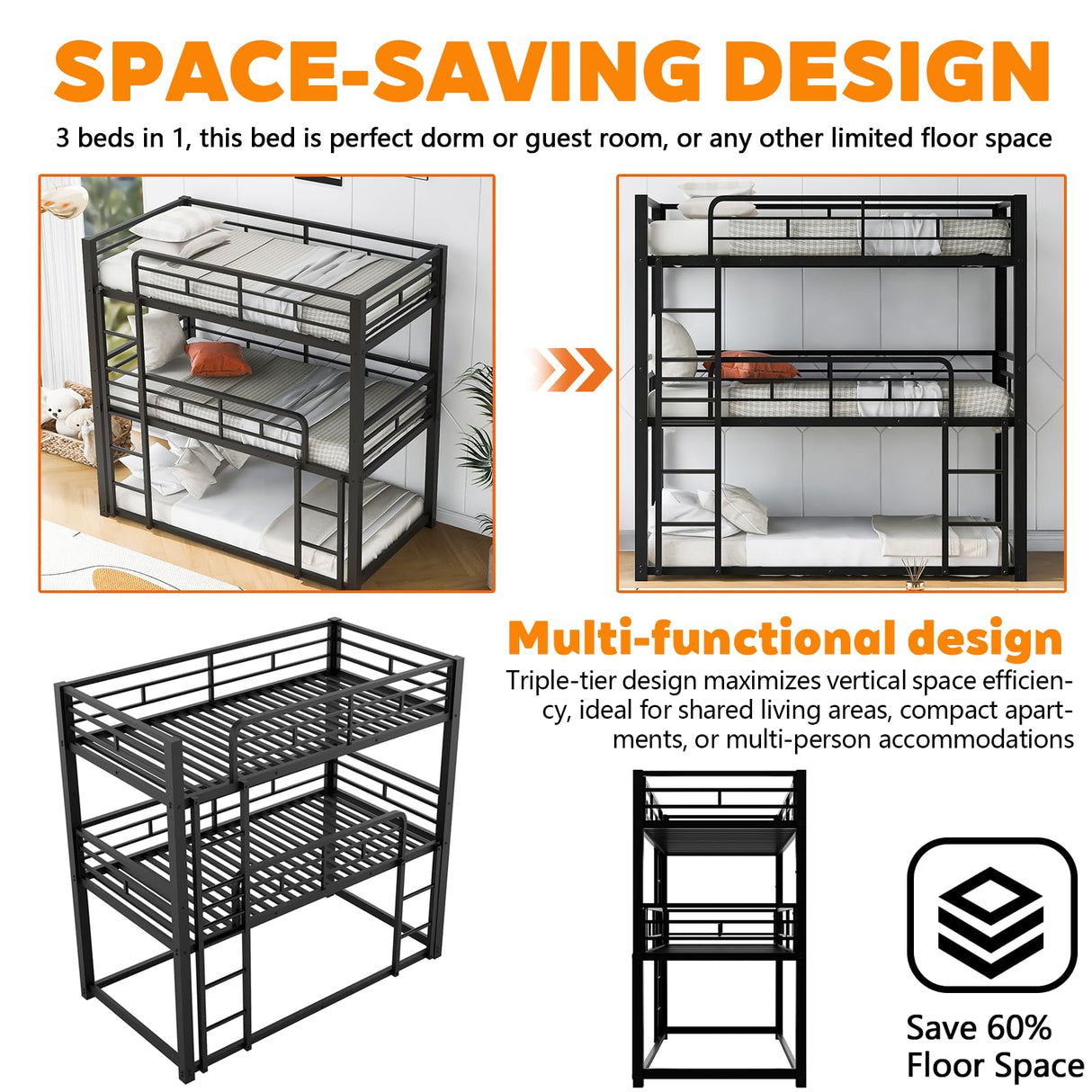 Bunk Beds, Metal Bunk Bed, Triple Bunk Bed for Kids,Teens, Adults, Girls, Boys, Detachable BunkBed Can Be Divided into 3 Twin Beds,No Box Spring Need (Black) Anwick
