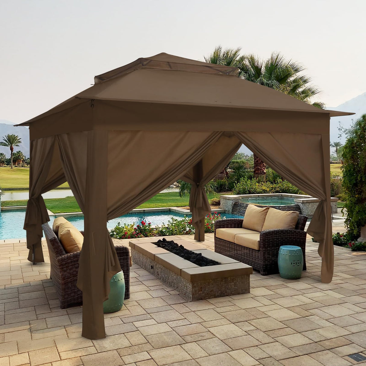 COOS BAY 11x11 Pop-up Instant Gazebo Tent with 4 Sidewalls Outdoor Canopy Shelter with Carry Bag, Stakes and Ropes, Brown COOS BAY