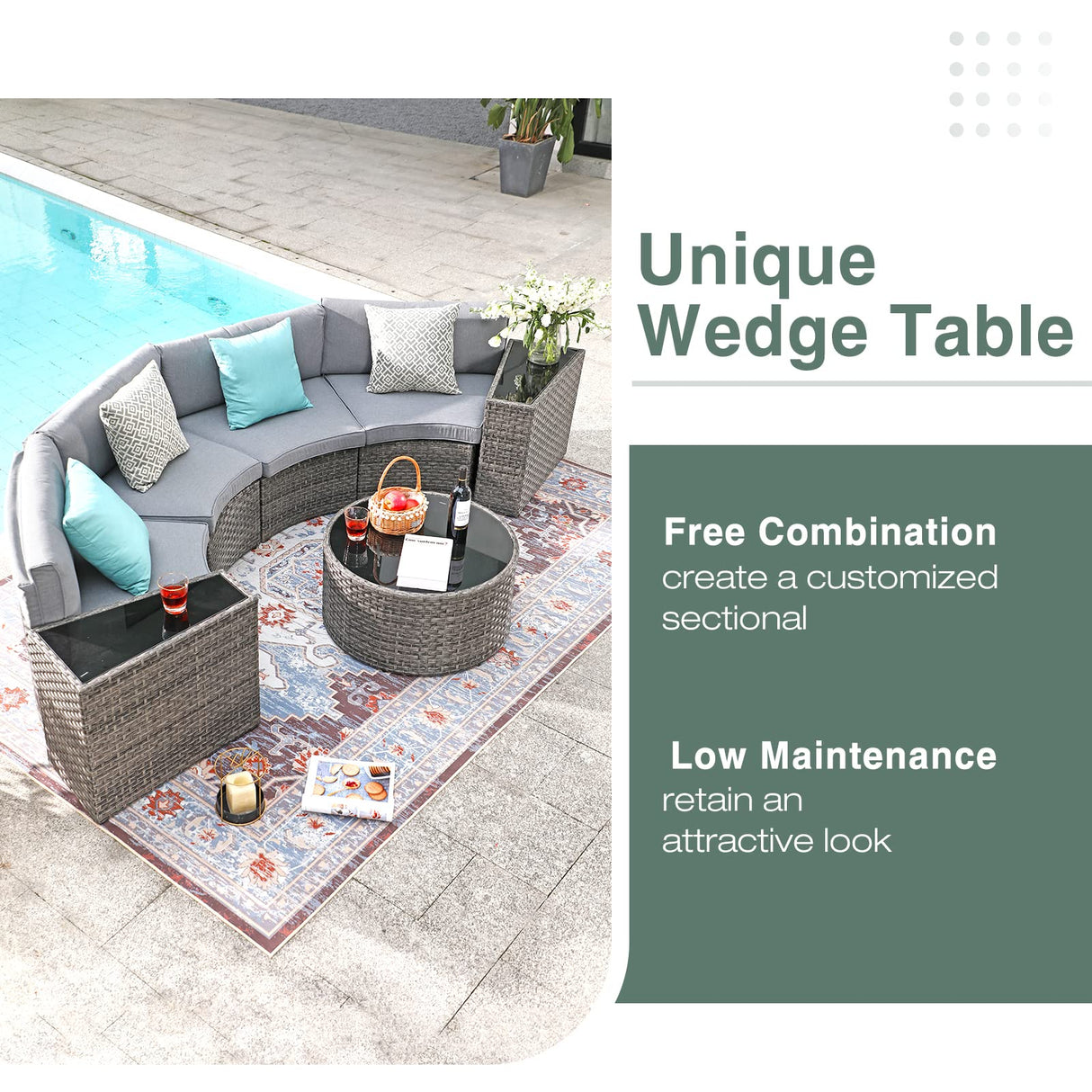 SUNSITT Outdoor Patio Furniture Sectional 7-Piece Half-Moon Curved Outdoor Sofa Set with Round Coffee Table, 4 Pillows & Waterproof Cover, Grey Rattan SUNSITT